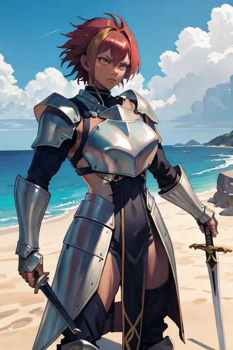 (masterpiece, best quality), outdoors, cliffside, castle, cowboy shot 1girl, solo, MarleBarrock, dark-skinned female, large breasts, <lora:MarleBarrock_V1-Manityro-Dadapt:1.1>, toned, muscular, (full armor, breastplate, hip armor), glaring, fighting stance, holding sword,  <lyco:UnlimitedBladeWorks1.6:1.0>