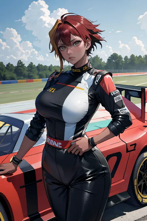 (masterpiece, best quality), outdoors, racetrack, cowboy shot 1girl, solo, MarleBarrock, dark-skinned female, large breasts, <lora:MarleBarrock_V1-Manityro-Dadapt:1>, toned, racecar, (((racing jumpsuit))), looking at viewer, head tilt,