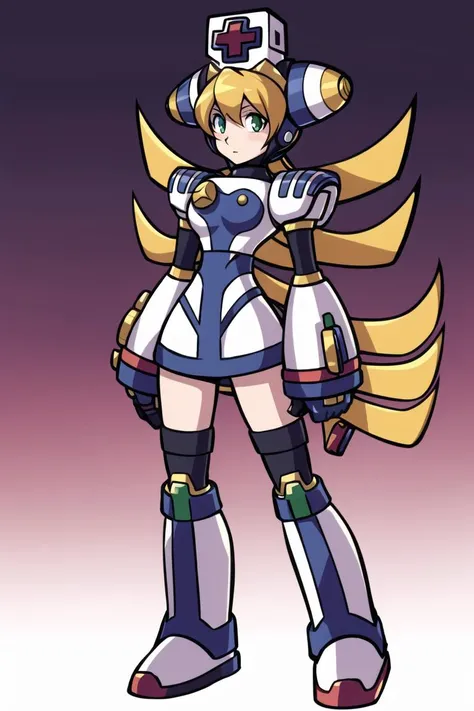 best quality, masterpiece, solo, 1girl, <lora:Cinnamon_MegaMan_XCommandMission_V-06:1>, cinnamon_megamanxcm, android, thighhighs, nurse, nurse cap, blonde hair, green eyes, long hair, <lora:nomura_tetsuya:0.7>,nomura tetsuya,