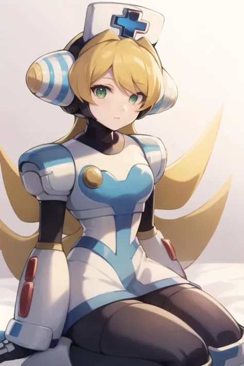cinnamon_megamanxcm, 1girl, solo, android, blonde hair, nurse, green eyes, long hair, masterpiece, high quality, <lora:Cinnamon_MegaMan_XCommandMission_V-06:0.9>