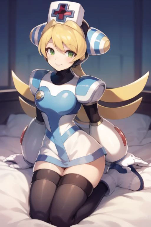 cinnamon_megamanxcm, 1girl, solo, android, thighhighs, nurse, nurse cap, blonde hair, green eyes, long hair, kneeling, hospital bed, masterpiece, high quality, smile, <lora:Cinnamon_MegaMan_XCommandMission_V-06:0.9>