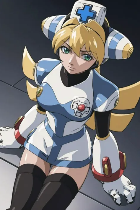 best quality, masterpiece, solo, 1girl, <lora:Cinnamon_MegaMan_XCommandMission_V-06:1>, cinnamon_megamanxcm, android, thighhighs, nurse, nurse cap, blonde hair, green eyes, long hair, <lora:bb-style:0.6>,