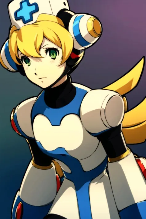 best quality, masterpiece, solo, 1girl, <lora:Cinnamon_MegaMan_XCommandMission_V-06:1>, cinnamon_megamanxcm, android, thighhighs, nurse, nurse cap, blonde hair, green eyes, long hair, <lyco:Soejima-000023:1.0>, persona portrait,