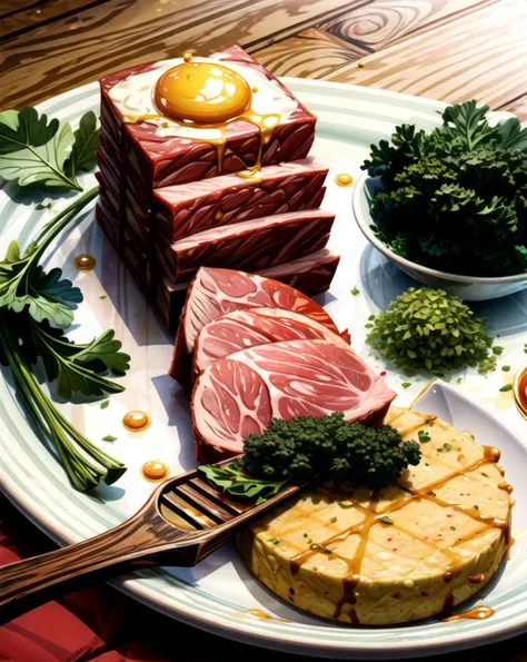 A traditional dish of __bank/meats__, paired with __bank/vegetables__, seasoned with __bank/herbs_spices__, served at a __bank/cuisines__, with __bank/solid_colors__ plate presentation