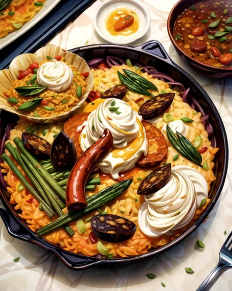 A traditional dish of __bank/meats__, paired with __bank/vegetables__, seasoned with __bank/herbs_spices__, served at a __bank/cuisines__, with __bank/solid_colors__ plate presentation
