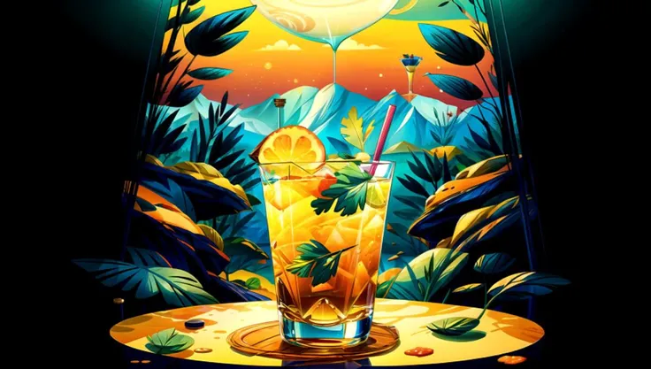 (best quality), ((A refreshing beverage made from Guava and Cocktail, garnished with Cilantro, served in a Jungle Retreat with Honey accent)) ,smooth and sharp outlines,