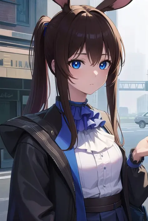 arknightsamiya, <lyco:arknightsamiya-lyco-nochekaiser:1>,
arknightsamiya, animal ears, blue eyes, brown hair, hair between eyes, ponytail, rabbit ears, rabbit girl, sidelocks,
BREAK anklet, ascot, black jacket, blue ascot, blue collar, blue footwear, blue skirt, brown pantyhose, buttons, collar, jacket, jewelry, long sleeves, miniskirt, multicolored clothes, multicolored jacket, off shoulder, open clothes, open jacket, pantyhose, plaid, plaid skirt, pleated skirt, pocket, puffy long sleeves, puffy sleeves, red ribbon, ribbon, ring, shirt, skirt, striped, striped shirt, thighlet, two-tone jacket, vertical stripes, vertical-striped shirt, white shirt,
BREAK looking at viewer, upper body, full body,
BREAK outdoors, city, sky,
BREAK <lyco:GoodHands-beta2:1>, (masterpiece:1.2), best quality, high resolution, unity 8k wallpaper, (illustration:0.8), (beautiful detailed eyes:1.6), extremely detailed face, perfect lighting, extremely detailed CG, (perfect hands, perfect anatomy),