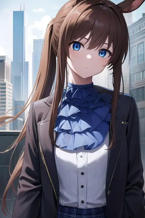 arknightsamiya, <lyco:arknightsamiya-lyco-nochekaiser:1>,
arknightsamiya, animal ears, blue eyes, brown hair, hair between eyes, ponytail, rabbit ears, rabbit girl, sidelocks,
BREAK anklet, ascot, black jacket, (blue ascot:1.5), blue collar, blue footwear, blue skirt, brown pantyhose, buttons, collar, jacket, jewelry, long sleeves, miniskirt, multicolored clothes, multicolored jacket, off shoulder, open clothes, open jacket, pantyhose, plaid, plaid skirt, pleated skirt, pocket, puffy long sleeves, puffy sleeves, red ribbon, ribbon, ring, shirt, skirt, striped, striped shirt, thighlet, two-tone jacket, vertical stripes, vertical-striped shirt, (white shirt:1.5),
BREAK looking at viewer, upper body, full body,
BREAK outdoors, city, sky,
BREAK <lyco:GoodHands-beta2:1>, (masterpiece:1.2), best quality, high resolution, unity 8k wallpaper, (illustration:0.8), (beautiful detailed eyes:1.6), extremely detailed face, perfect lighting, extremely detailed CG, (perfect hands, perfect anatomy),