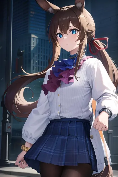 arknightsamiya, <lyco:arknightsamiya-lyco-nochekaiser:1>,
arknightsamiya, animal ears, blue eyes, brown hair, hair between eyes, ponytail, rabbit ears, rabbit girl, sidelocks,
BREAK anklet, ascot, black jacket, blue ascot, blue collar, blue footwear, blue skirt, brown pantyhose, buttons, collar, jacket, jewelry, long sleeves, miniskirt, multicolored clothes, multicolored jacket, off shoulder, open clothes, open jacket, pantyhose, plaid, plaid skirt, pleated skirt, pocket, puffy long sleeves, puffy sleeves, red ribbon, ribbon, ring, shirt, skirt, striped, striped shirt, thighlet, two-tone jacket, vertical stripes, vertical-striped shirt, (white shirt:1.5),
BREAK looking at viewer, upper body, full body,
BREAK outdoors, city, sky,
BREAK <lyco:GoodHands-beta2:1>, (masterpiece:1.2), best quality, high resolution, unity 8k wallpaper, (illustration:0.8), (beautiful detailed eyes:1.6), extremely detailed face, perfect lighting, extremely detailed CG, (perfect hands, perfect anatomy),