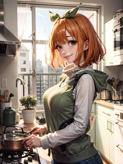 masterpiece, top quality, best quality, 1girl, <lora:YotsubaNakano:1>, Yotsuba, (smile), (green ribbon), Sweater Vest, jacket, <lora:add_detail:0.3>, (apartment), (kitchen), sun light, (messy)