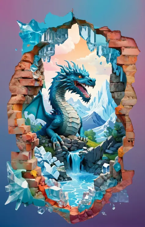 triadic colors, head and shoulders, flat color BREAK 3d isometric, blender render, soft colorful-hued colors, cutaway of a tiny castle destroyed stone wall with a very large (picture of an ice dragon peeking through:1.2), hole, <lora:hole2:0.6> Two tone lighting, simple colorful background BREAK colorful, dream-like, illustration, gradient surreal fantasy, by Victo Ngai Makoto Shinkai <lora:xl_more_art-full_v1:0.5>