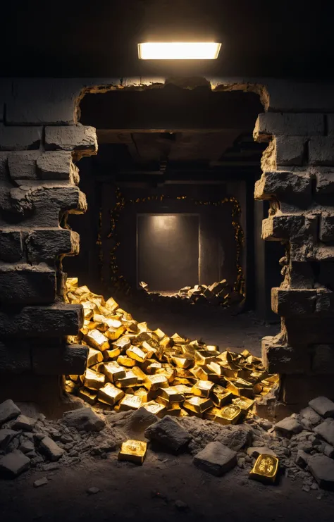 cinematic photo, dark photo of a destroyed bank wall with a picture of piles of gold bars, hole, <lora:hole2:0.6>, cinematic, high fantasy