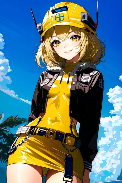 <lora:Liter:0.8>,1girl,nikkeliter,helmet,jacket,skin tight,hair ornament,small breasts,<lora:TightBeltedSkirt:1>,arms behind back, Belted Skirt,