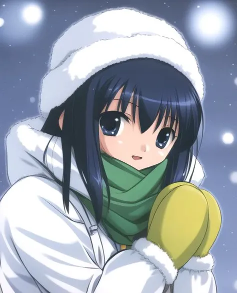 <lora:kanan:1> kanan, 1girl, solo, snowing, winter_clothes, mittens, upper_body