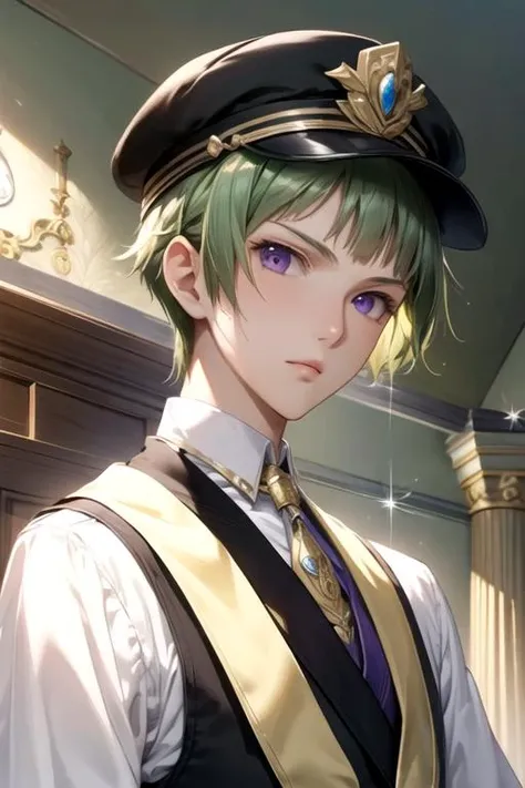 masterpiece, best quality, wallpaper, 1boy, solo, male focus, looking at viewer, upper body, , <lora:io_naruko:0.68>, io_naruko, green hair, purple eyes, , flat cap, islamic golden age,