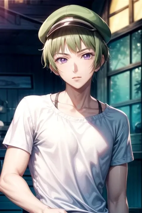 masterpiece, best quality, photorealistic, 1boy, solo, male focus, looking at viewer, upper body, depth of field, <lora:io_naruko:0.74>, io_naruko, green hair, purple eyes, , flat cap, , HD-DVD