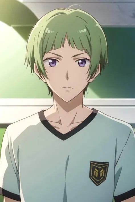 masterpiece, best quality, wallpaper, 1boy, solo, male focus, looking at viewer, upper body, depth of field, <lora:io_naruko:0.70>, io_naruko, green hair, purple eyes