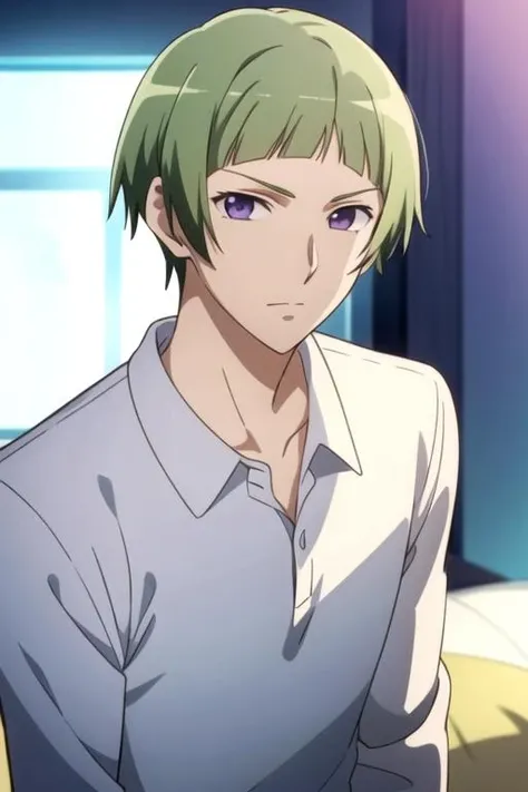 masterpiece, best quality, , 1boy, solo, male focus, looking at viewer, , depth of field, <lora:io_naruko:0.72>, io_naruko, green hair, purple eyes