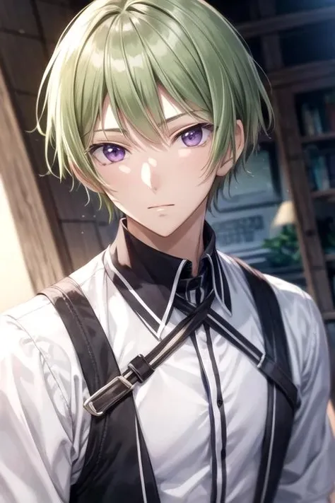 masterpiece, best quality, , 1boy, solo, male focus, looking at viewer, upper body, depth of field, <lora:io_naruko:0.66>, io_naruko, green hair, purple eyes, , ,