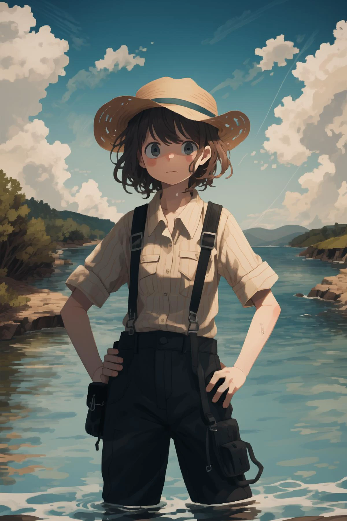 water, factory, building, industrial, ripples, waves, 1girl, worker, caustics, sunlight, abandoned, outdoors, scenery, landscape, cowboy shot, hand on hip
