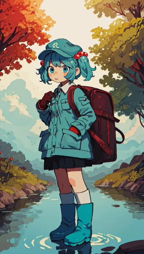 kawashiro nitori, flat cap, skirt set, gloves, hair bobbles, hat, pocket, bag, backpack, medium breasts, boots, bangs, long sleeves, hair ornament, two side up, blue eyes, blue rubber boots, blue hair, short hair, dress, twintails, (green headwear:1.1), key, outdoors, nature