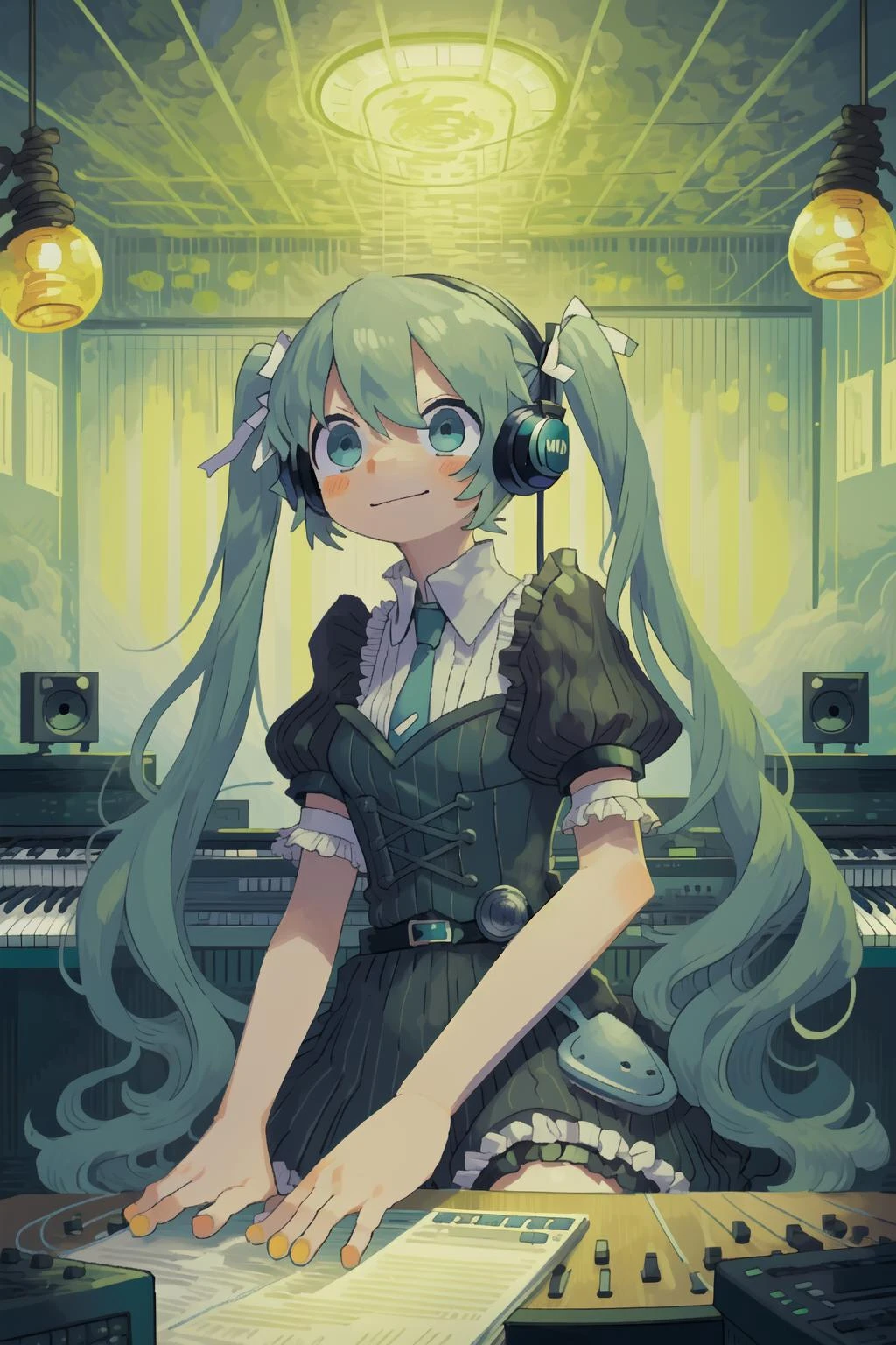 vocaloid, (hatsune miku, aqua hair, very long hair, twintails, aqua nails, aqua necktie:1.2), shoulder tattoo,
(grant wood, american gothic:1.2),
1girl, solo, (portrait), smile, closed mouth, (aqua eyes, looking at object, looking away), lips, (spoken musical note),
(final fantasy tactics:1.2),
(recording studio interior:1.2), headphones, (lanyard), technology, frutiger aero, (korg, korg triton, daw, korg m1, yamaha dx7, synthesizer, digital audio, wave format audio, riff, graphic equalizer, piano roll, dtm, top 10 free vst plugins download now:1.2), loaded interior, (indoors:1.1), gramophone,
cymbals, drum kit, microphone stand, music stand, classical music, interior of an amphitheatre, (speaker system, subwoofer),
(mainframe computer, computer rack, synthesizer rack, computer shelf, modular synthesizer, moog, buchla, serge),
black clothes, babydoll, lingerie, lace trim, lace, buttons, collared dress, (whalebone corset), victorian era clothing, contemporary clothing, gothic, (negative space:1.15), garter belt, garter straps, belt buckle, belt,
(hair ribbon, white ribbon:1.2), (lamp, overhead light, light bulb, ornament),
(blush stickers, blush),
(cozy:1.2),
(arabian ink, paper marbling:1.1),
(surreal, abstract, vincent van gogh:1.2), (complimentary colors),
(by Jeremy Lipking:0.8), (by Antonio J Manzanedo:0.7), (by Paul Lehr:1.1)