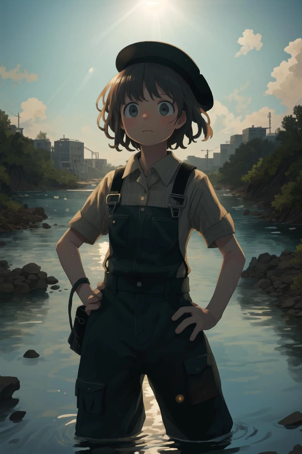water, factory, building, industrial, ripples, waves, 1girl, worker, caustics, sunlight, abandoned, outdoors, scenery, landscape, cowboy shot, hand on hip
