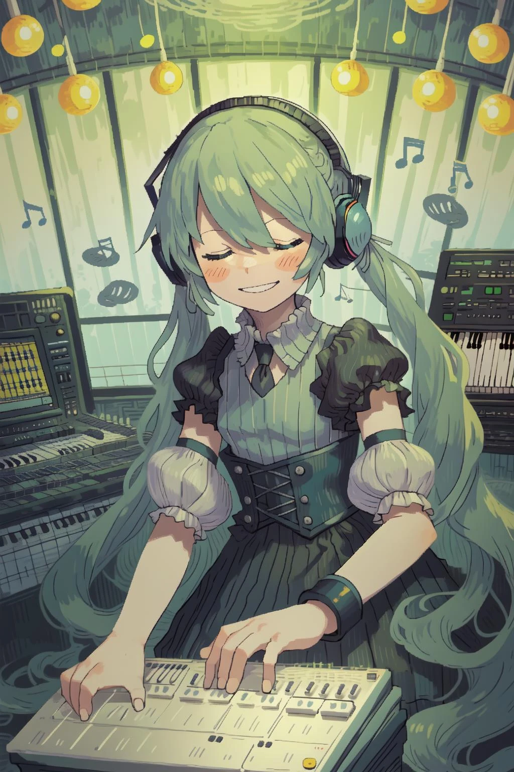 vocaloid, (hatsune miku, aqua hair, very long hair, twintails, aqua nails, aqua necktie:1.2),
(grant wood, american gothic:1.2),
1girl, solo, (portrait), smile, closed mouth, (closed eyes), lips, (spoken musical note),
(final fantasy tactics:1.2),
(recording studio interior:1.2), headphones, (lanyard), technology, frutiger aero, (korg, korg triton, daw, korg m1, yamaha dx7, synthesizer, digital audio, wave format audio, riff, graphic equalizer, piano roll, dtm, top 10 free vst plugins download now:1.2), loaded interior, (indoors:1.1), gramophone,
cymbals, drum kit, microphone stand, music stand, classical music, interior of an amphitheatre, (speaker system, subwoofer),
(mainframe computer, computer rack, synthesizer rack, computer shelf, modular synthesizer, moog, buchla, serge),
black clothes, babydoll, lingerie, lace trim, lace, buttons, collared dress, (whalebone corset), victorian era clothing, contemporary clothing, gothic, (negative space:1.15), garter belt, garter straps, belt buckle, belt,
(hair ribbon, white ribbon:1.2), (lamp, overhead light, light bulb, ornament),
(blush stickers, blush),
(cozy:1.2),
(arabian ink, paper marbling:1.1),
(surreal, abstract, vincent van gogh:1.2), (complimentary colors),
(by Jeremy Lipking:0.8), (by Antonio J Manzanedo:0.7), (by Paul Lehr:1.1)