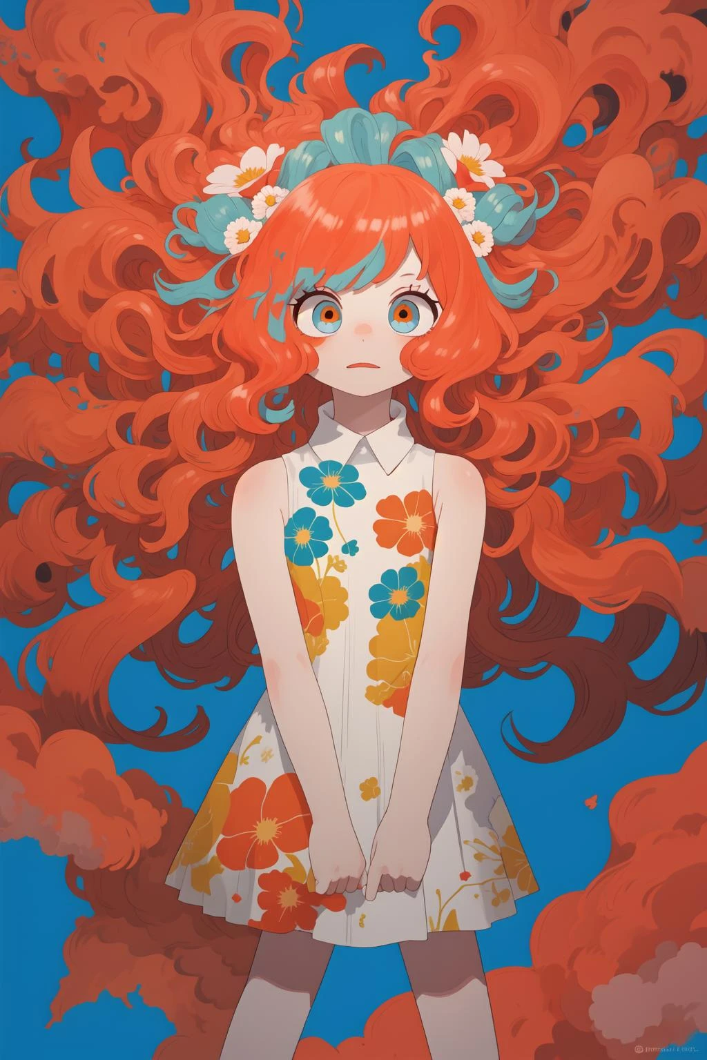 masterpiece, negative space, multicolored background, white background, 1girl, dress, floral print, long hair, big hair
