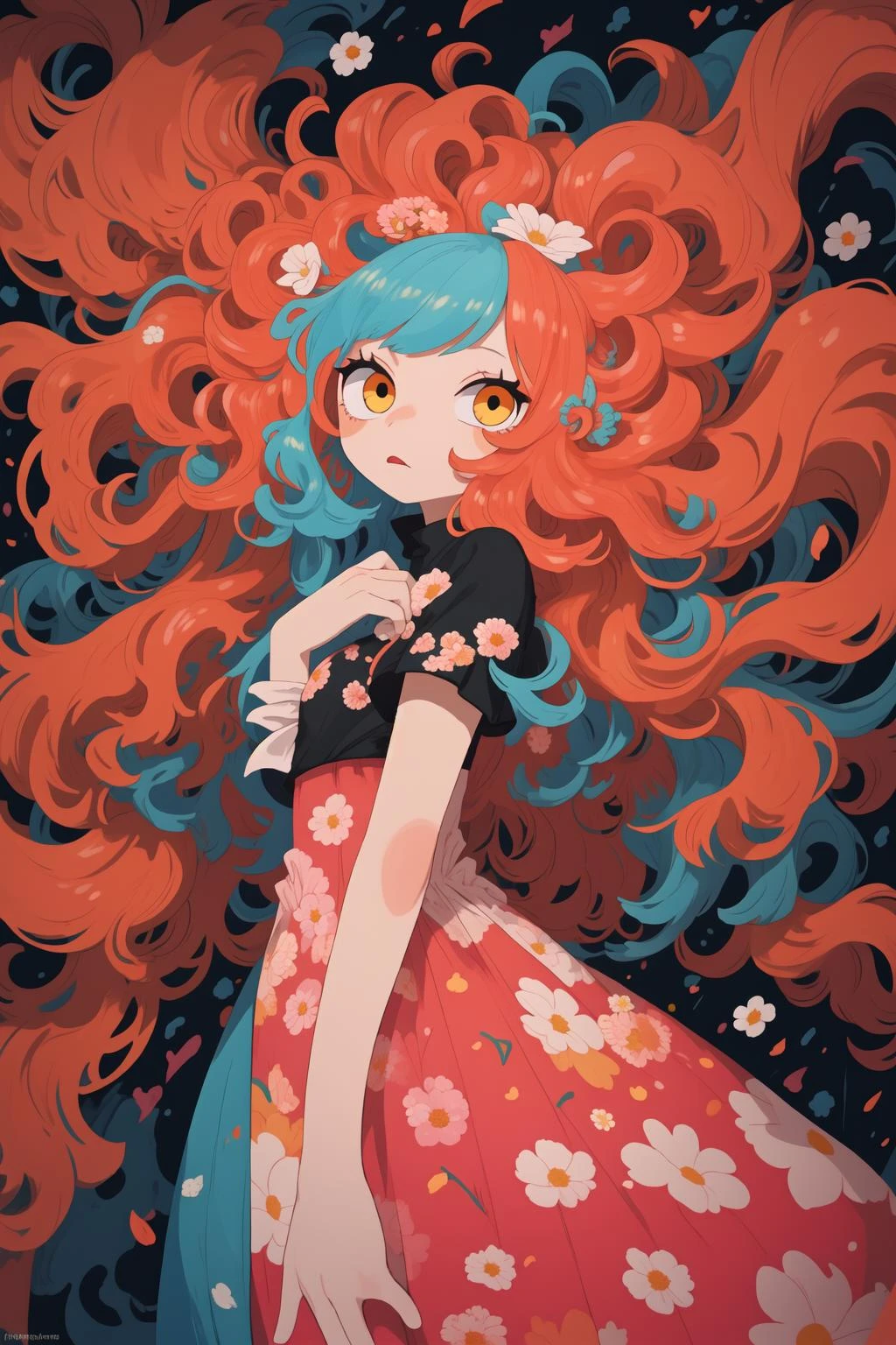 masterpiece, negative space, multicolored background, white background, 1girl, dress, floral print, long hair, big hair