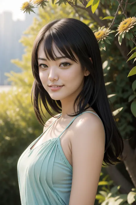 (masterpiece:1.3), (8k, realistic, RAW photo, highest quality: 1.4), Japanese々, (1 girl),25 years old, beautiful face, (realistic face), (black hair, short hair:1.3), beautiful hairstyle, realistic eyes, beautiful eyes, beautiful eyes, (realistic skin), beautiful skin, charm, Ultra High resolution, High resolution,portrait, golden ratio, detail makeup, look at the beholder, smile, (shoulder look), big breasts、cleavage、jungle background