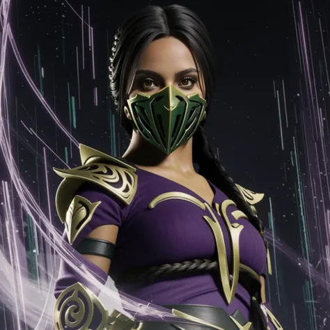 Jade, braid, (damaged armor:0.8), mask, (look at the viewer:0.8), (upper body:0.2), (full body:1), (yellow cat eyes:1), purple mist background, <lora:Jade:0.8>