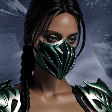 Jade, braid, full armor, mask, look at the viewer, upper body, <lora:Jade:1>