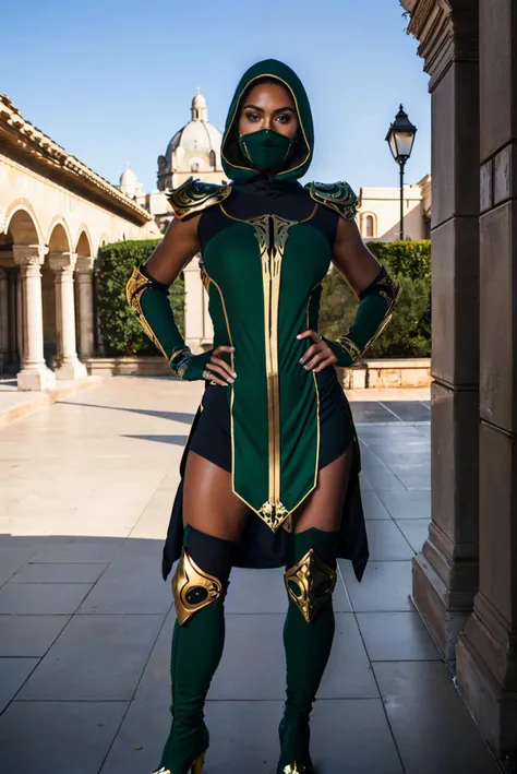 Jade,wearing hood,brown eyes, green ninja mask, looking serious,
green shirt, armor, elbow gloves ,gold trim, boots,
standing, hands on hips, full body shot, beauty photo,
comfy ambiance,outside, courtyard, beautiful marble palace, edenia, sunny,
(extremely detailed, beautiful detailed face) natural lighting, HDR, <lora:Jade-10MK:.8>