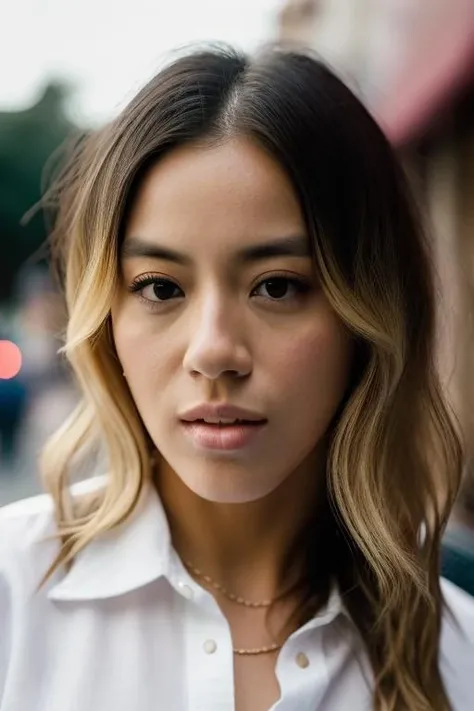 Realistic photo of a beautiful chl03b3nn3t-v1 woman, 1girl, solo, long hair, looking at viewer, (((blonde hair))), shirt, brown eyes, white shirt, upper body, parted lips, sky, teeth, lips, portrait, realistic, nose, soft lighting, professional Photography, Photorealistic, detailed, RAW, analog, sharp focus, 8k, HD, DSLR, high quality, Fujifilm XT3, film grain, award winning, masterpiece<lora:chl03b3nn3t-v1:1.0>