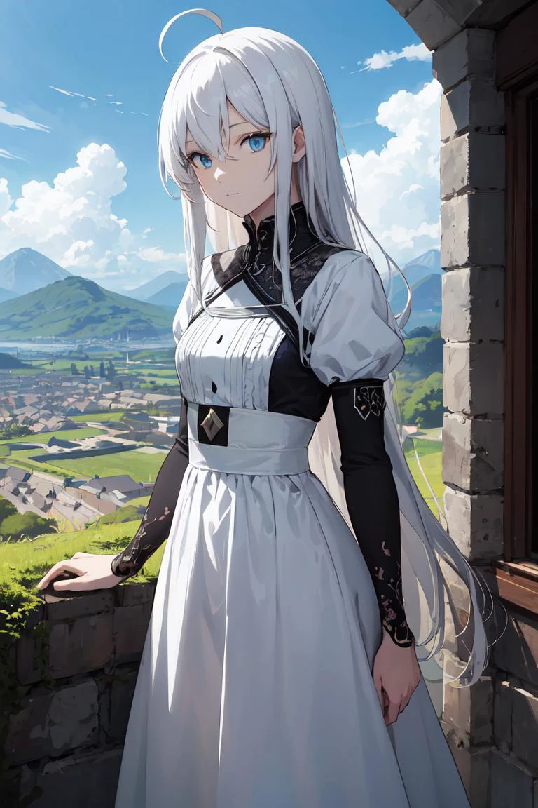 professional illustration, Ultra-precise depiction, Ultra-detailed depiction, anime, ((extremely detailed 8k illustration)), highres, (extremely detailed and beautiful background), (beautiful and aesthetic:1.2), HDR, (depth of field:1.4), 1girl, white hair, (absurdly long hair:1.2), flat chest, ahoge, blue eyes, expressionless eyes, looking, pale skin, castle town, sunny, colorful, white dress, black large sleeves, mountains, lush green, clouds, blue sky