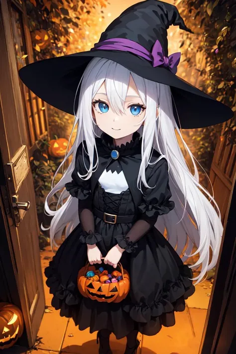 anime, masterpiece, best quality, ultra-detailed, 1girl, solo, absurdly long hair, white hair, blue eyes, witch outfit, black witch hat, Halloween, dark, glow, light particles, depth of field, happy, flat chest, looking at viewer, Halloween pumpkins, soft light, candlelight, spooky, dust particles, bokeh, messy hair, hair between the eyes, pale skin, chibi, trick or treat at the door, from above, holding a Halloween basket, (candies:1.2), cute, looking up, pov doorway, forest in the background, gorget, ribbons