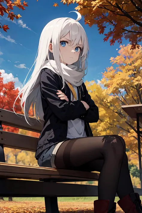 anime, masterpiece, best quality, universe, 1girl, solo, ahoge, (absurdly long hair:1.1), white hair, blue eyes, pale skin, expressionless eyes, flat chest, petite, vibrant, colorful, autumn, autumn leaves, park, sitting, upset, looking at viewer, dynamic angle, jacket, boots, black pantyhose, shorts, crossed arms, bench, from the distance, wide shot, scarf, from the side, one side up