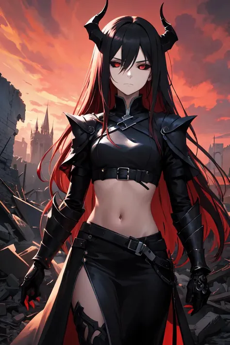 (fantasy:1.4), (anime), ((extremely detailed 8k illustration)), highres, (extremely detailed and beautiful background), ultra detailed painting, professional illustration, Ultra-precise depiction, Ultra-detailed depiction, (beautiful and aesthetic:1.2), HDR, depth of field, (girl), noble, (highly detailed beautiful face and eyes), pale skin, perfect body, black hair with red streaks, (absurdly long hair:1.2), red eyes, small breasts, adult, mature, expressionless eyes, dark castle, dark clouds, blue and red sky, red aura, cold attitude, half-closed eyes, red corruption, solo, evil, villain, red energy, red magic, powerful, (hair between the eyes:1.2), destruction, rubble, ruins, strap, buckle, straight hair, red horns, black armored crop top, black jacket, slender body, black cape, manipulating black red energy, dark, ominous, close-up, black gauntlets, clawed gauntlets, looking at viewer