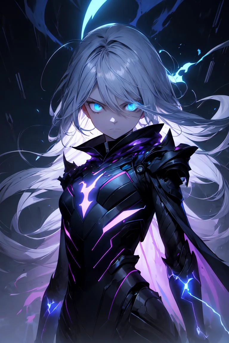 (fantasy:1.4), (anime), ((extremely detailed 8k illustration)), highres, (extremely detailed and beautiful background), ultra detailed painting, professional illustration, Ultra-precise depiction, Ultra-detailed depiction, (beautiful and aesthetic:1.2), HDR, depth of field, (girl), noble, (highly detailed beautiful face and eyes), pale skin, perfect body, ahoge, white hair, (absurdly long hair:1.2), blue eyes, petite, flat chest, expressionless eyes, dark castle, dark clouds, blue and purple sky, futuristic, armored, black and blue bodysuit, glow, blue aura, cold attitude, half-closed eyes, torn cloak, exoskeleton, <lora:more_details:0.5>, blue corruption, glowing eyes, solo, evil, villain, <lora:r1ge - AnimeRage:0.5>, blue energy, electricity, inner blue hair, hair between the eyes