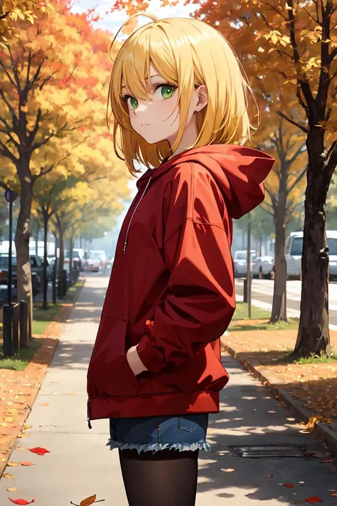 anime, masterpiece, best quality, universe, 1girl, solo, ahoge, medium hair, yellow hair, green eyes, small breasts, red hoodie, denim shorts, expressionless eyes, vibrant, colorful, autumn, autumn leaves, park, hands in pockets, black pantyhose, looking at viewer, long hair, from side