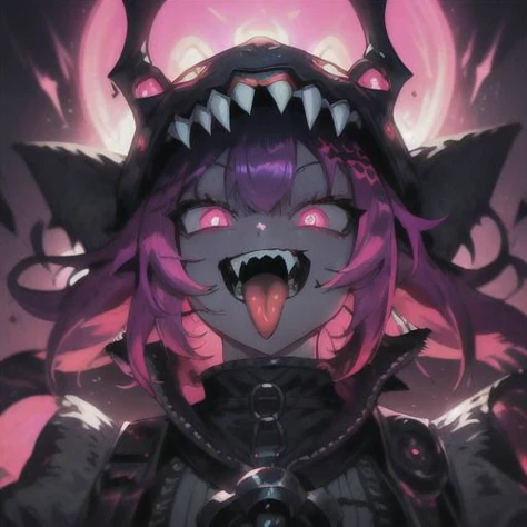 (ultra-detailed), (masterpiece), (best quality), (depth of field), (sharp focus), (cinematic lighting), (vibrant colors), <lora:PSYCHOPHONKY:1> 1girl, crazy smile, fangs, tongue sticking out, glowing eyes, dynamic pose, upper body shot, monster, deranged
