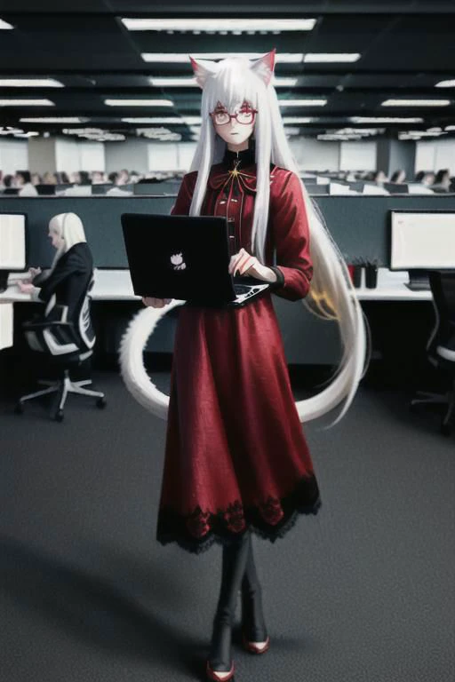 neko girl, long white hair with bangs, cat ears, cat eyes, modern fantasy, corporate office red dress, mage, sorcerer, glasses, grace, tattos, holding laptop, lace, beautiful girl, realistic style, dark makeup, cinematic style, hi resolution, digital art, realistic art, cinematic, modern fantasy style