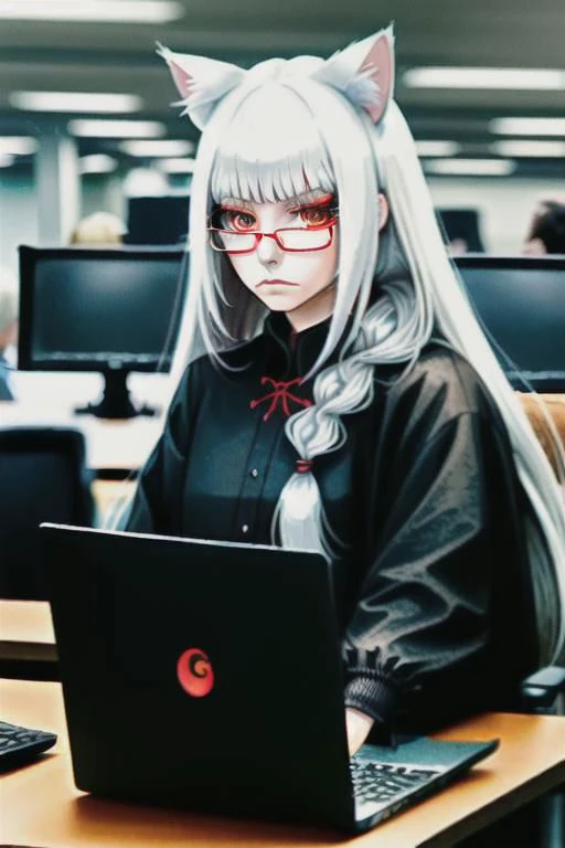 nekomanta girl, long white hair with bangs and braid, cat ears, cat eyes, drinking beer, modern fantasy, corporate office red dress, mage, sorcerer, glasses, grace, tattos, holding laptop, lace, beautiful girl, realistic style, dark makeup, cinematic style, hi resolution, digital art, realistic art, cinematic, modern fantasy style