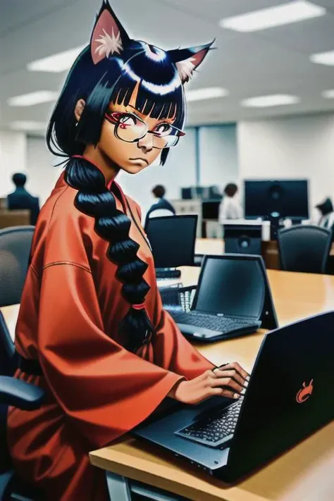nekomanta girl, dark tan, brown skin, long white hair with bangs and braid, cat ears, cat eyes, drinking beer, modern fantasy, corporate office red dress, mage, sorcerer, glasses, grace, tattos, holding laptop, lace, beautiful girl, realistic style, dark makeup, cinematic style, hi resolution, digital art, realistic art, cinematic, modern fantasy style