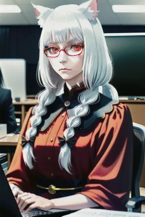nekomanta girl, long white hair with bangs and braid, cat ears, cat eyes, drinking beer, modern fantasy, corporate office red dress, mage, sorcerer, glasses, grace, tattos, holding laptop, lace, beautiful girl, realistic style, dark makeup, cinematic style, hi resolution, digital art, realistic art, cinematic, modern fantasy style