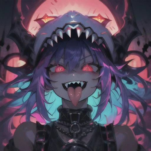 (ultra-detailed), (masterpiece), (best quality), (depth of field), (sharp focus), (cinematic lighting), (vibrant colors), <lora:PSYCHOPHONKY:1> 1girl, crazy smile, fangs, tongue sticking out, glowing eyes, dynamic pose, upper body shot, monster, deranged