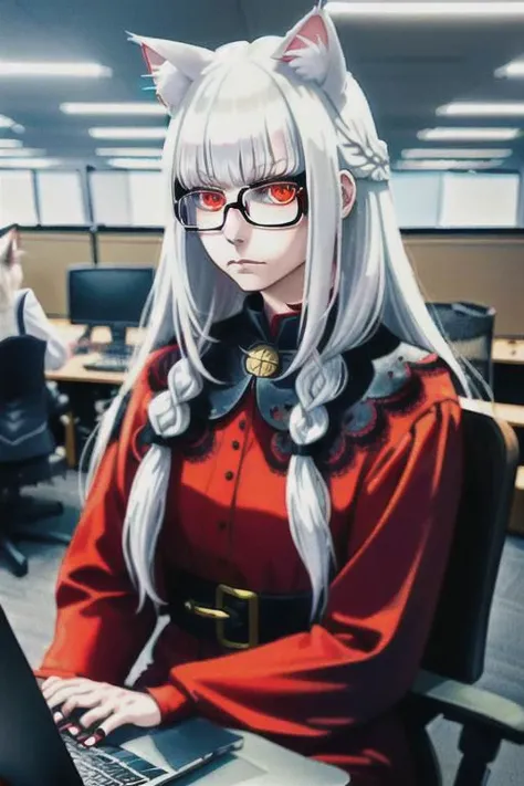 nekomanta girl, long white hair with bangs and braid, cat ears, cat eyes, drinking beer, modern fantasy, corporate office red dress, mage, sorcerer, glasses, grace, tattos, holding laptop, lace, beautiful girl, realistic style, dark makeup, cinematic style, hi resolution, digital art, realistic art, cinematic, modern fantasy style