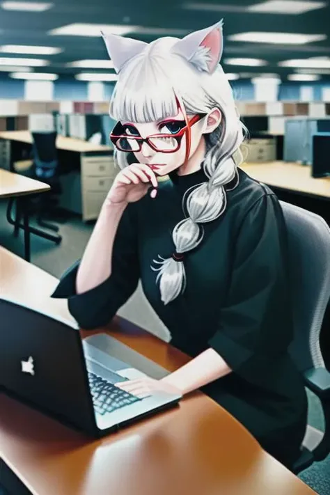 nekomanta girl, dark tan, long white hair with bangs and braid, cat ears, cat eyes, drinking beer, modern fantasy, corporate office red dress, mage, sorcerer, glasses, grace, tattos, holding laptop, lace, beautiful girl, realistic style, dark makeup, cinematic style, hi resolution, digital art, realistic art, cinematic, modern fantasy style