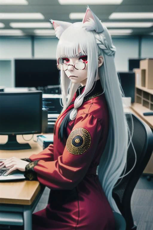 nekomanta girl, long white hair with bangs and braid, cat ears, cat eyes, cigarette in mouth, beer on table, modern fantasy, corporate office red dress, mage, sorcerer, glasses, grace, tattos, holding laptop, lace, beautiful girl, realistic style, dark makeup, cinematic style, hi resolution, digital art, realistic art, cinematic, modern fantasy style